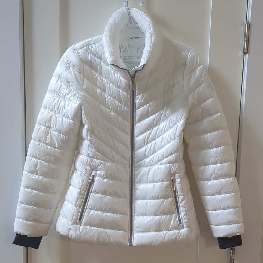 Calvin Klein White Puffer Jacket with High Collar